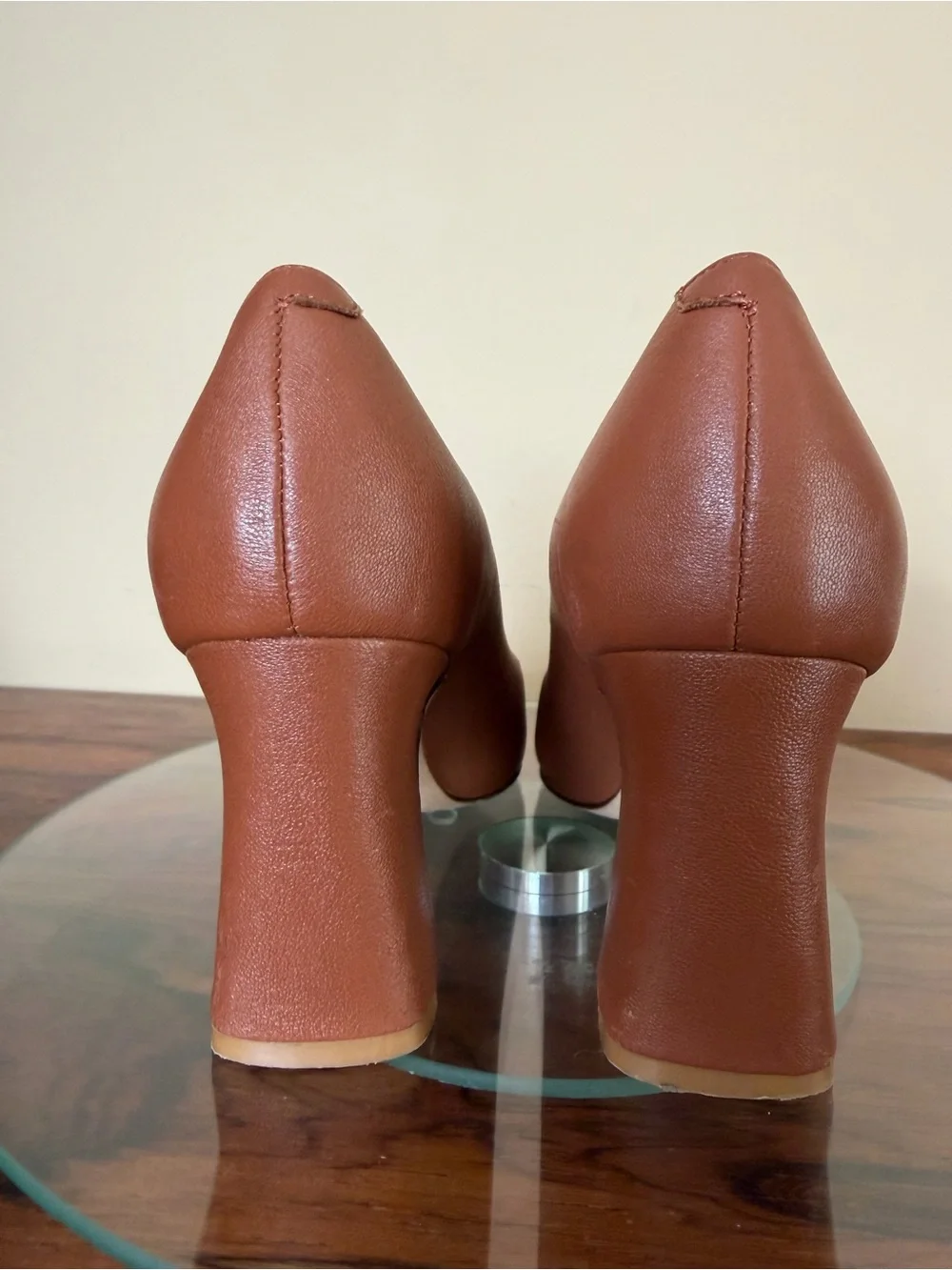 ALLY Shoes Caramel Brown Leather Pointed Block Heel Pumps 37.5B / US 7 7.5